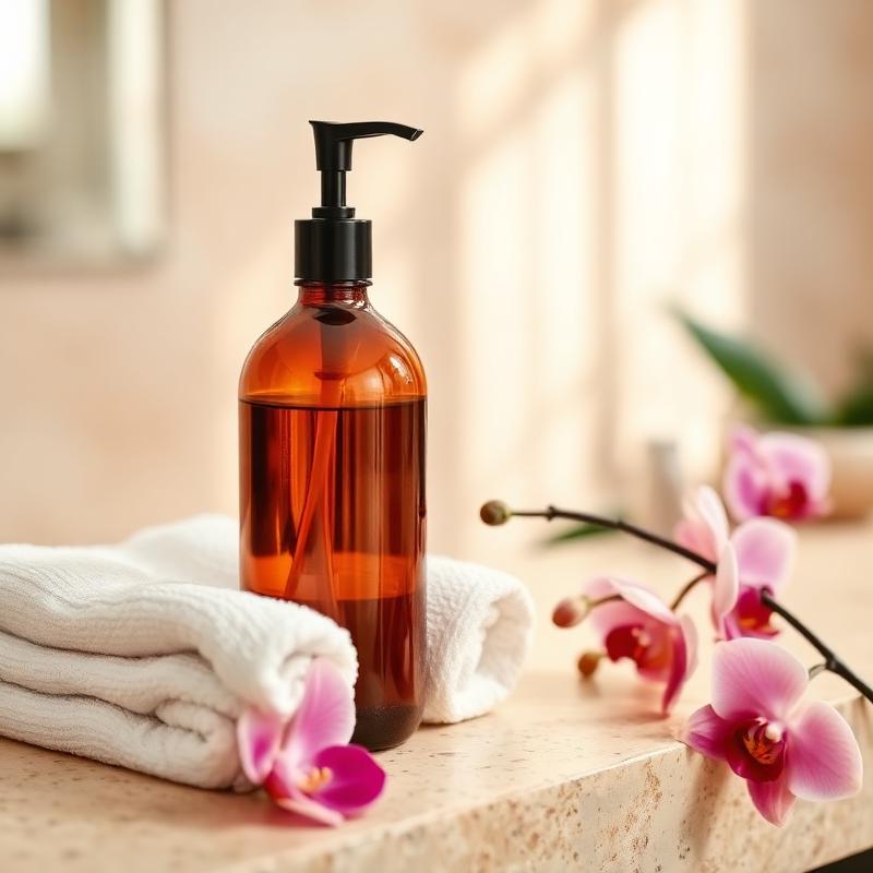 Pflegedetail mit Amberflasche, Handtuch und Orchidee